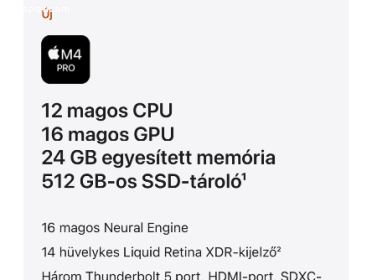 ÚJ 2024 MacBook Pro Retina 14" M4 Pro Chip 12C / 16C / 24GB / Magyar